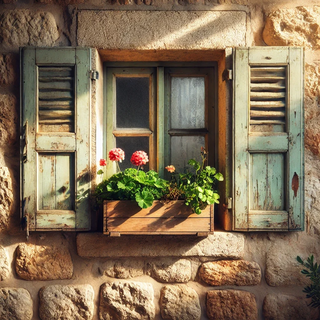 DALL·E 2024-12-15 15.40.17 - A single aged windowsill covered in traditional Jerusalem stone with a natural, weathered look. The window features rustic shutters painted in a soft,