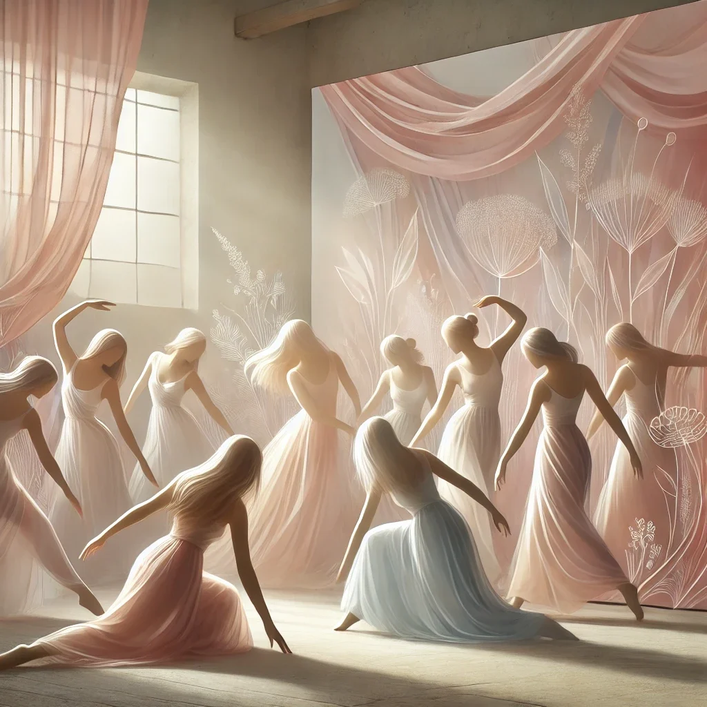 DALL·E 2025-03-01 23.05.38 - A serene and gentle image representing a movement and dance course for women healing from sexual trauma. The artwork features a group of women in soft