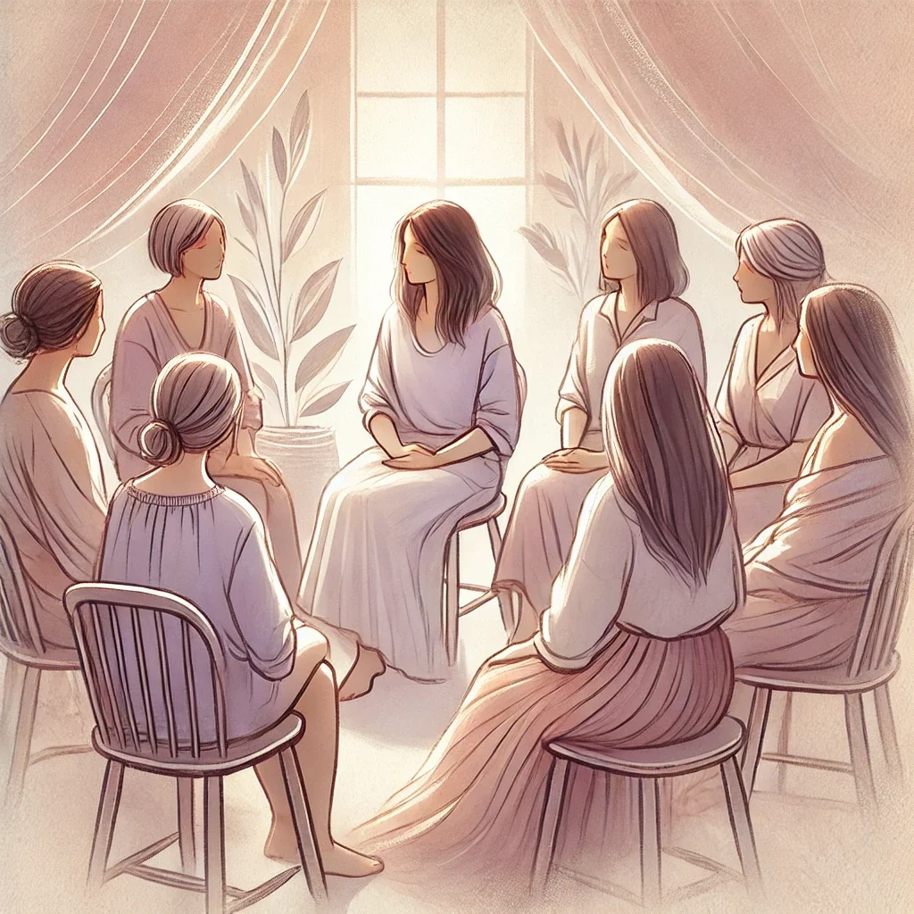 DALL·E 2025-03-01 23.27.41 - A soft, artistic illustration of a group of women sitting in a supportive circle, as one woman shares her story. The style is gentle and painterly, wi
